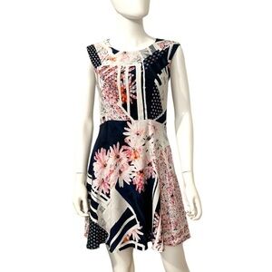 French Connection Skater Dress 6 Navy Blue Pink Daisy Floral Lined Sleeveless